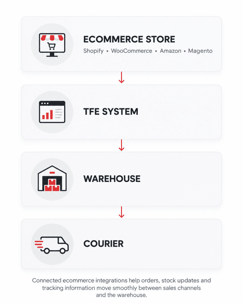 Ecommerce integrations connecting online stores with TFE, warehouse and courier
