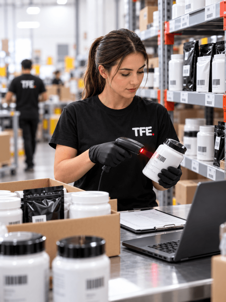 TFE warehouse employee scanning supplement products to check expiry dates and maintain accurate stock control